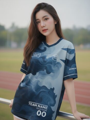 นางแบบใส่เสื้อวิ่งทีมลายควันมาร์เบิลโทนกรมท่าอินดิโก้ คอวี ด้านหน้ามีโลโก้ทีมและเบอร์