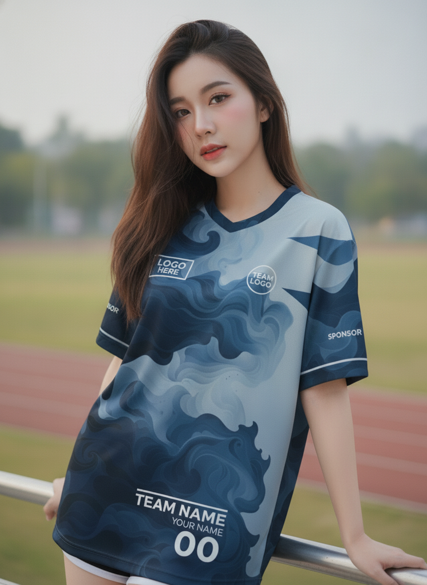 นางแบบใส่เสื้อวิ่งทีมลายควันมาร์เบิลโทนกรมท่าอินดิโก้ คอวี ด้านหน้ามีโลโก้ทีมและเบอร์ นางแบบใส่เสื้อวิ่งทีมลายควันมาร์เบิลโทนกรมท่าอินดิโก้ คอวี ด้านหน้ามีโลโก้ทีมและเบอร์