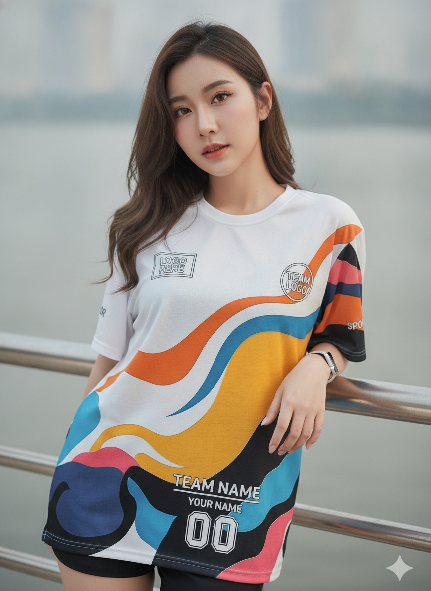 เสื้อวิ่งทีม ลายคลื่นสีสัน อาร์ตขาว-ส้ม-ฟ้า สั่งทำ มุมที่ 2 เสื้อวิ่งทีม ลายคลื่นสีสัน อาร์ตขาว-ส้ม-ฟ้า สั่งทำ มุมที่ 2