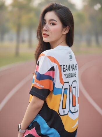เสื้อวิ่งทีม ลายคลื่นสีสัน อาร์ตขาว-ส้ม-ฟ้า สั่งทำ ด้านหลัง