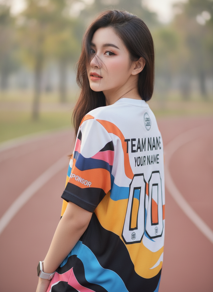 เสื้อวิ่งทีม ลายคลื่นสีสัน อาร์ตขาว-ส้ม-ฟ้า สั่งทำ ด้านหลัง เสื้อวิ่งทีม ลายคลื่นสีสัน อาร์ตขาว-ส้ม-ฟ้า สั่งทำ ด้านหลัง