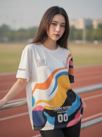 นางแบบใส่เสื้อวิ่งทีม ลายคลื่นสีสัน อาร์ตขาว-ส้ม-ฟ้า สั่งทำ ริมลู่วิ่ง สั่งทำใส่ชื่อทีม