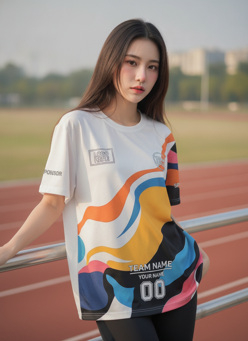 นางแบบใส่เสื้อวิ่งทีม ลายคลื่นสีสัน อาร์ตขาว-ส้ม-ฟ้า สั่งทำ ริมลู่วิ่ง สั่งทำใส่ชื่อทีม