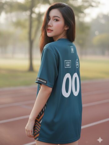เสื้อวิ่งทีม เขียวเข้มลายเขาวงกตส้ม มินิมอล สั่งทำ ด้านหลัง