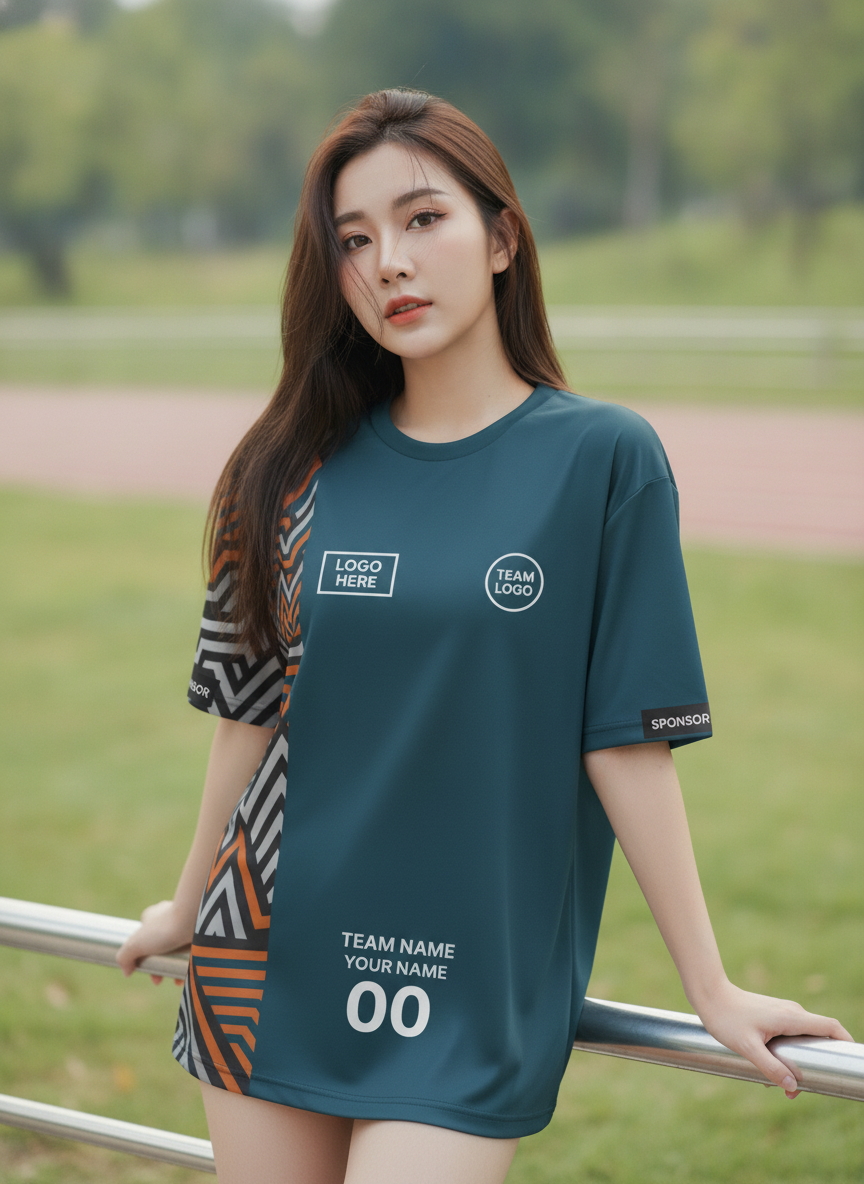 นางแบบใส่เสื้อวิ่งทีม เขียวเข้มลายเขาวงกตส้ม มินิมอล สั่งทำ ริมลู่วิ่ง สั่งทำใส่ชื่อทีม