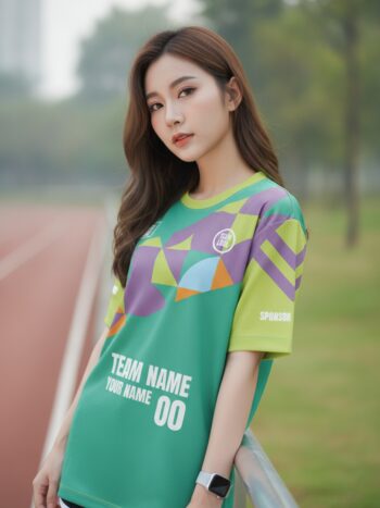 นางแบบใส่เสื้อวิ่งทีม เขียวมรกตลายเรขาคณิต มินิมอล สั่งทำ ริมลู่วิ่ง สั่งทำใส่ชื่อทีม