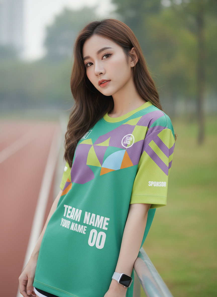 นางแบบใส่เสื้อวิ่งทีม เขียวมรกตลายเรขาคณิต มินิมอล สั่งทำ ริมลู่วิ่ง สั่งทำใส่ชื่อทีม