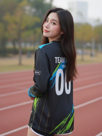 เสื้อวิ่งทีม ลายแปรงฟ้า-เขียวบนดำ สปอร์ต สั่งทำ ด้านหลัง