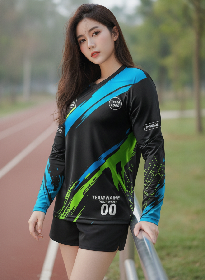 นางแบบใส่เสื้อวิ่งทีม ลายแปรงฟ้า-เขียวบนดำ สปอร์ต สั่งทำ ริมลู่วิ่ง สั่งทำใส่ชื่อทีม นางแบบใส่เสื้อวิ่งทีม ลายแปรงฟ้า-เขียวบนดำ สปอร์ต สั่งทำ ริมลู่วิ่ง สั่งทำใส่ชื่อทีม