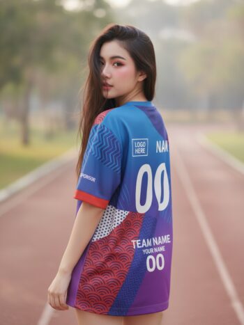 เสื้อวิ่งทีม ลายสามเหลี่ยมญี่ปุ่น น้ำเงิน-ม่วง สั่งทำ ด้านหลัง