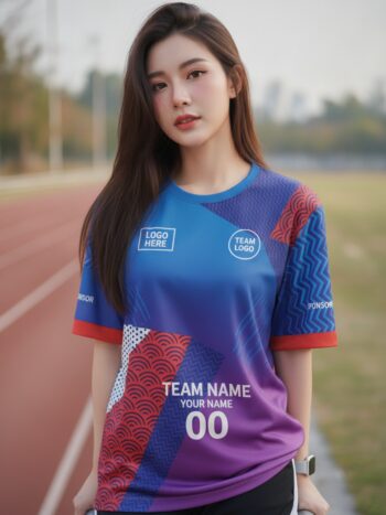 นางแบบใส่เสื้อวิ่งทีม ลายสามเหลี่ยมญี่ปุ่น น้ำเงิน-ม่วง สั่งทำ ริมลู่วิ่ง สั่งทำใส่ชื่อทีม