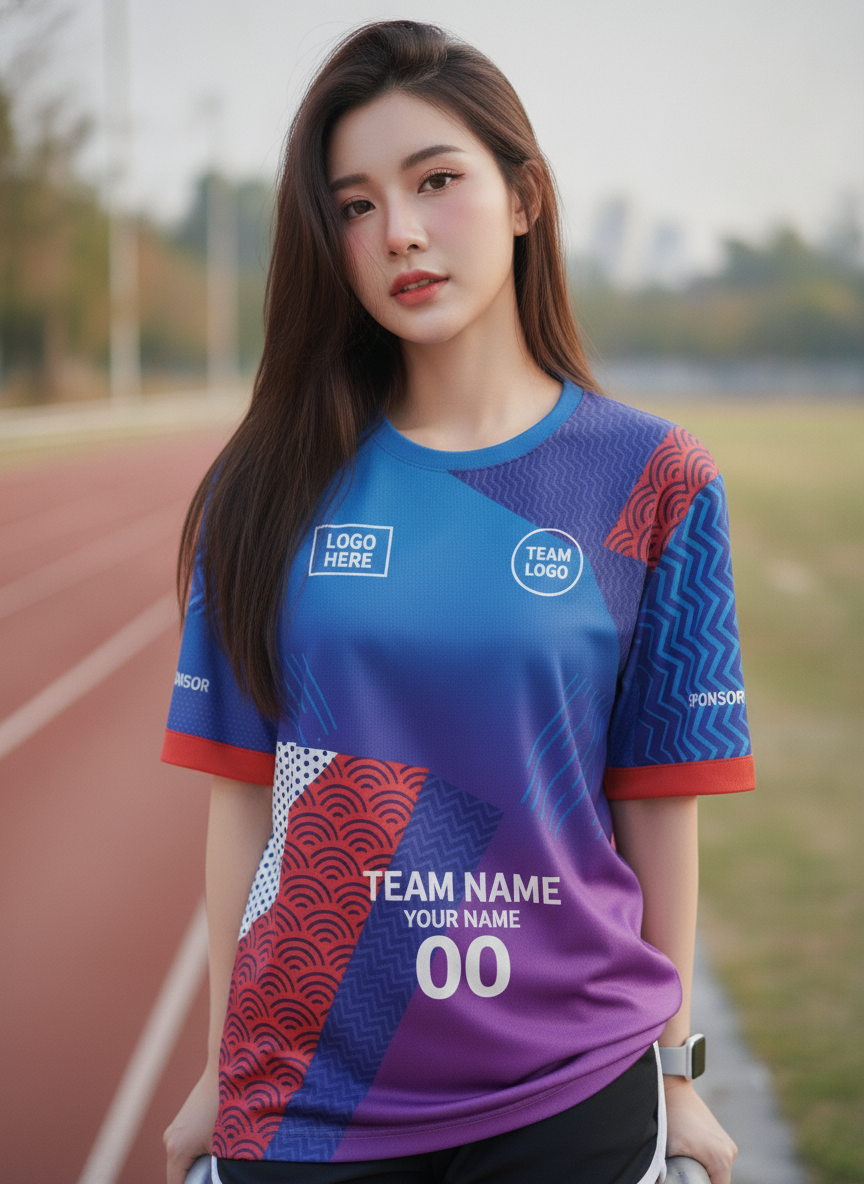 นางแบบใส่เสื้อวิ่งทีม ลายสามเหลี่ยมญี่ปุ่น น้ำเงิน-ม่วง สั่งทำ ริมลู่วิ่ง สั่งทำใส่ชื่อทีม