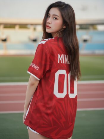 เสื้อกีฬาสีแดง ลายกราฟิกเฉียบ แดง-ขาว สั่งทำใส่ชื่อ ด้านหลัง