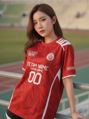 นางแบบใส่เสื้อกีฬาสีแดงลายกราฟิกเฉียบตัดแถบขาว สั่งทำใส่ชื่อทีม