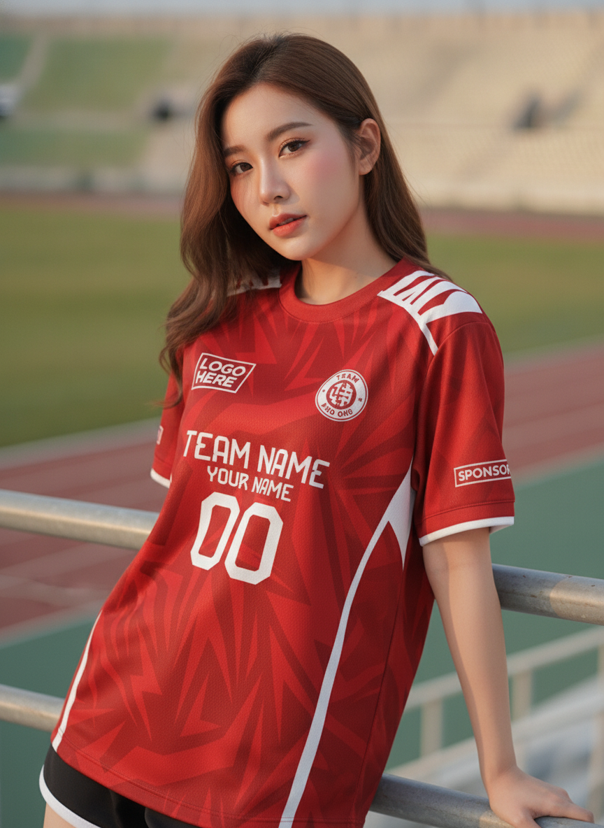 นางแบบใส่เสื้อกีฬาสีแดงลายกราฟิกเฉียบตัดแถบขาว สั่งทำใส่ชื่อทีม นางแบบใส่เสื้อกีฬาสีแดงลายกราฟิกเฉียบตัดแถบขาว สั่งทำใส่ชื่อทีม