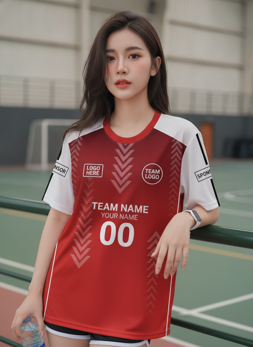 เสื้อกีฬาสีแดง ลายลูกศรมินิมอล ไล่เฉดแดง สั่งทำ มุมที่ 2 เสื้อกีฬาสีแดง ลายลูกศรมินิมอล ไล่เฉดแดง สั่งทำ มุมที่ 2