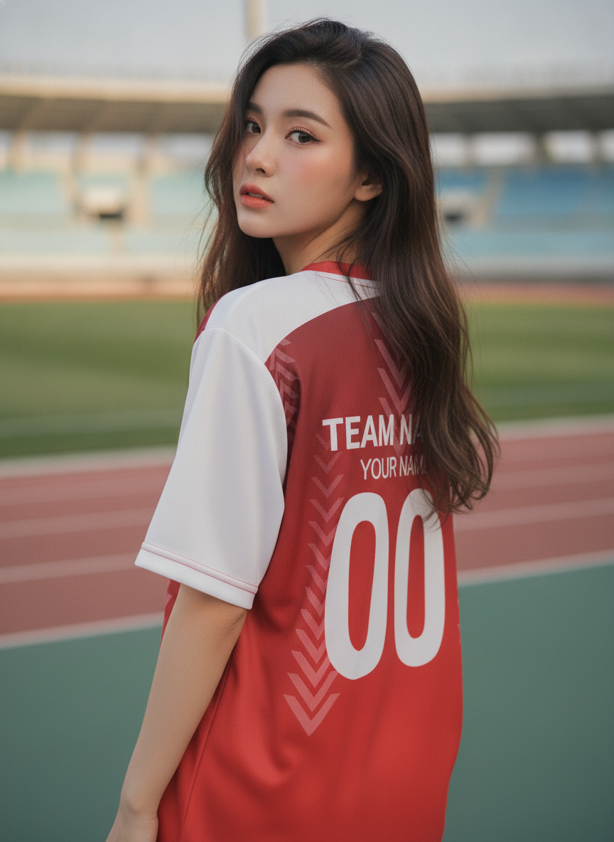 เสื้อกีฬาสีแดง ลายลูกศรมินิมอล ไล่เฉดแดง สั่งทำ ด้านหลัง เสื้อกีฬาสีแดง ลายลูกศรมินิมอล ไล่เฉดแดง สั่งทำ ด้านหลัง
