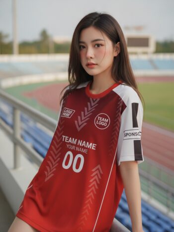 นางแบบใส่เสื้อกีฬาสีแดง ลายลูกศรมินิมอล ไล่เฉดแดง สั่งทำ สั่งทำใส่ชื่อทีม