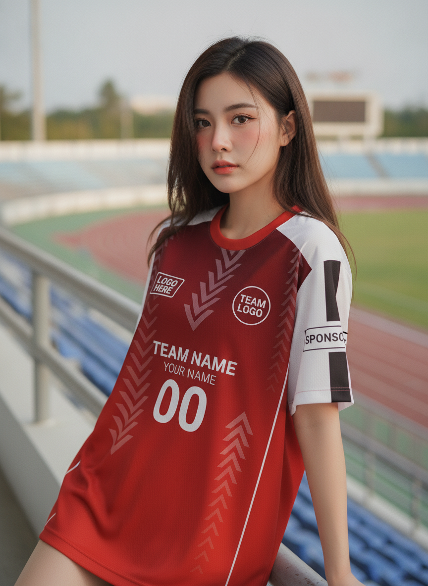 นางแบบใส่เสื้อกีฬาสีแดง ลายลูกศรมินิมอล ไล่เฉดแดง สั่งทำ สั่งทำใส่ชื่อทีม