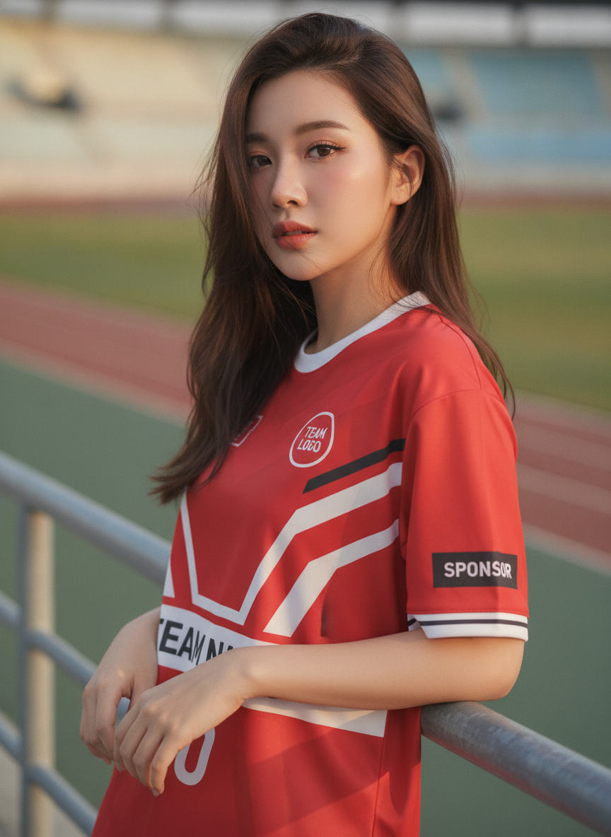 นางแบบใส่เสื้อกีฬาสีแดง ลายซิกแซก แดง-ขาว-ดำ สั่งทำใส่ชื่อ สั่งทำใส่ชื่อทีม นางแบบใส่เสื้อกีฬาสีแดง ลายซิกแซก แดง-ขาว-ดำ สั่งทำใส่ชื่อ สั่งทำใส่ชื่อทีม