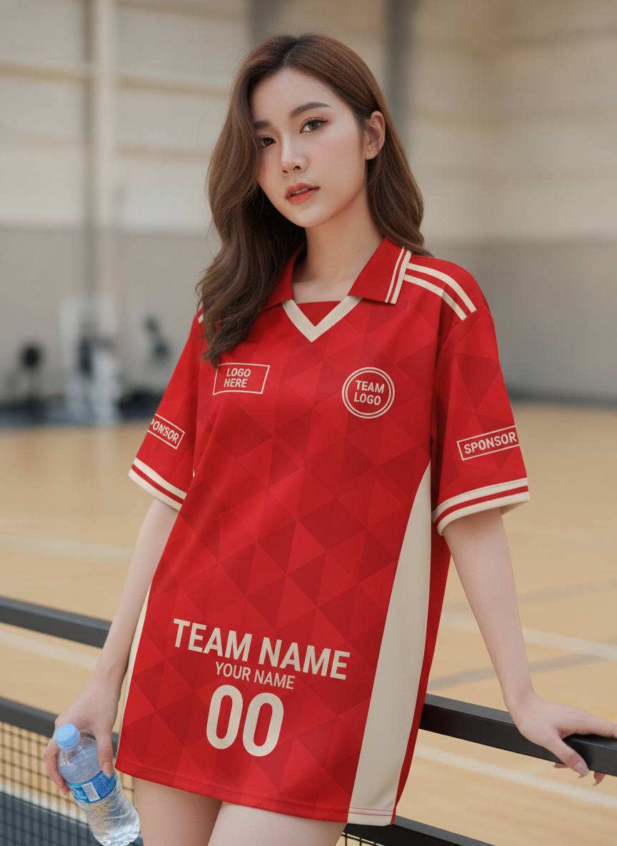 เสื้อกีฬาสีแดง ทรงคลาสสิกแถบครีม เรโทร สั่งทำ มุมที่ 2 เสื้อกีฬาสีแดง ทรงคลาสสิกแถบครีม เรโทร สั่งทำ มุมที่ 2