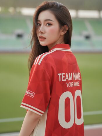 เสื้อกีฬาสีแดง ทรงคลาสสิกแถบครีม เรโทร สั่งทำ ด้านหลัง