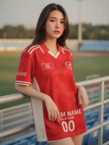นางแบบใส่เสื้อกีฬาสีแดง ทรงคลาสสิกแถบครีม เรโทร สั่งทำ สั่งทำใส่ชื่อทีม