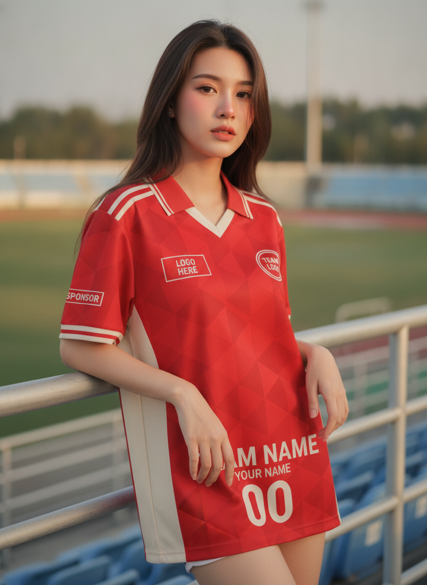 นางแบบใส่เสื้อกีฬาสีแดง ทรงคลาสสิกแถบครีม เรโทร สั่งทำ สั่งทำใส่ชื่อทีม