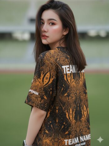 เสื้อวิ่งทีม ลายหมาป่าเผ่า ส้ม-ดำ สไตล์ดุดัน สั่งทำใส่ชื่อ ด้านหลัง