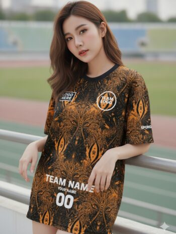 นางแบบใส่เสื้อวิ่งทีมลายหัวหมาป่าเผ่าส้ม-ดำ ยืนริมลู่วิ่ง สั่งทำใส่ชื่อทีม
