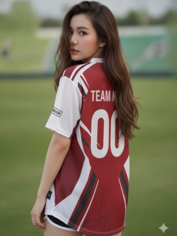เสื้อกีฬาสีแดง ลาย X กราฟิกสปอร์ต ขาว-ดำ สั่งทำ ด้านหลัง