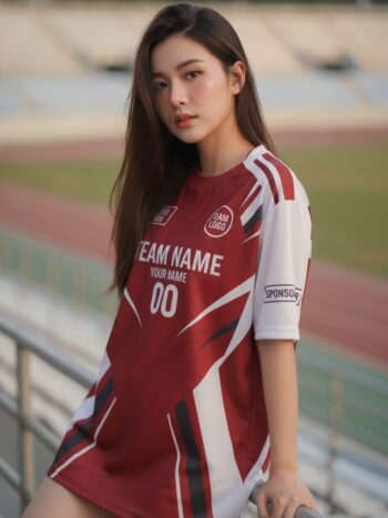 นางแบบใส่เสื้อกีฬาสีแดง ลาย X กราฟิกสปอร์ต ขาว-ดำ สั่งทำ สั่งทำใส่ชื่อทีม