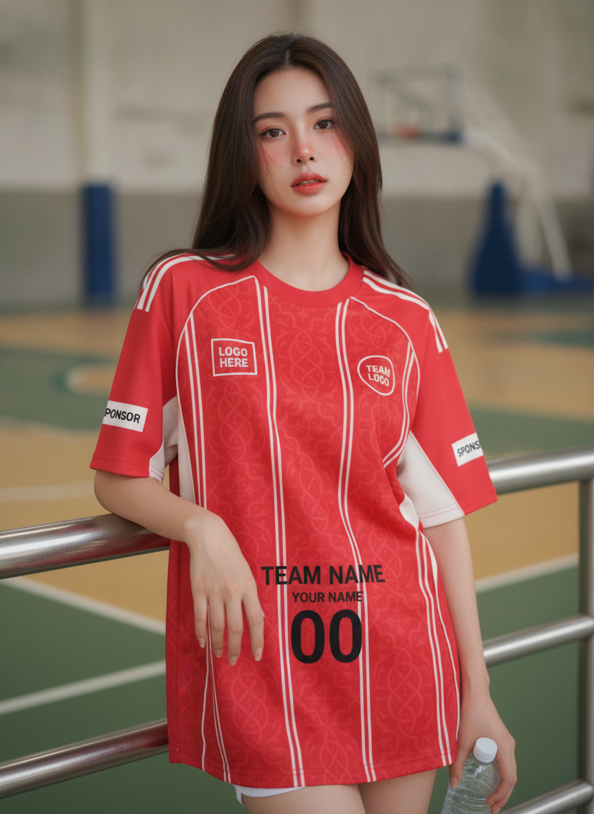 เสื้อกีฬาสีแดง ลายดามัสก์ดอกไม้ แดง-ขาว สั่งทำ มุมที่ 2 เสื้อกีฬาสีแดง ลายดามัสก์ดอกไม้ แดง-ขาว สั่งทำ มุมที่ 2