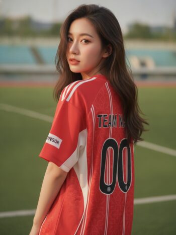 เสื้อกีฬาสีแดง ลายดามัสก์ดอกไม้ แดง-ขาว สั่งทำ ด้านหลัง