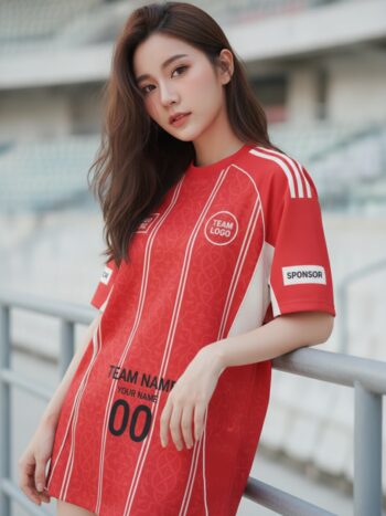 นางแบบใส่เสื้อกีฬาสีแดง ลายดามัสก์ดอกไม้ แดง-ขาว สั่งทำ สั่งทำใส่ชื่อทีม
