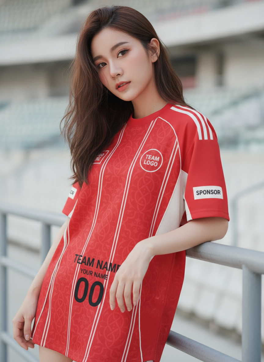 นางแบบใส่เสื้อกีฬาสีแดง ลายดามัสก์ดอกไม้ แดง-ขาว สั่งทำ สั่งทำใส่ชื่อทีม