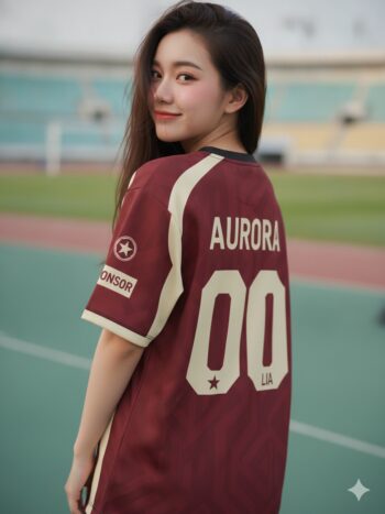 เสื้อกีฬาสีแดงเข้ม ลายฉลุวินเทจขาว สั่งทำใส่ชื่อ ด้านหลัง