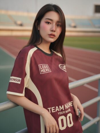นางแบบใส่เสื้อกีฬาสีแดงเข้ม ลายฉลุวินเทจขาว สั่งทำใส่ชื่อ สั่งทำใส่ชื่อทีม