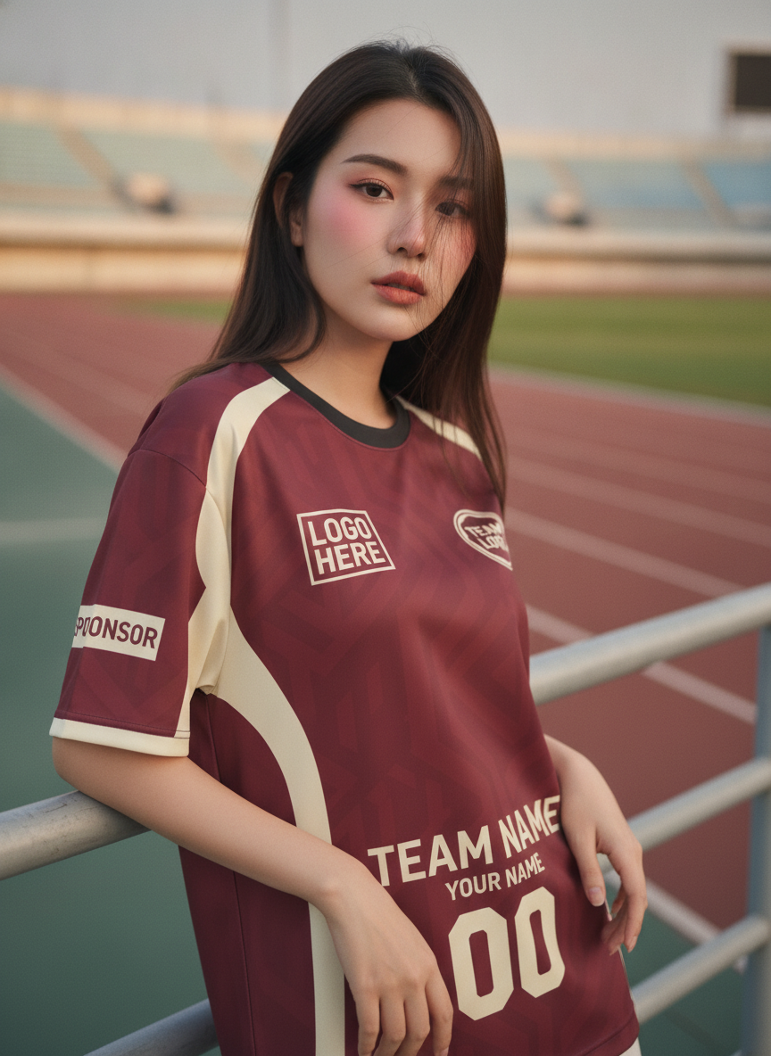 นางแบบใส่เสื้อกีฬาสีแดงเข้ม ลายฉลุวินเทจขาว สั่งทำใส่ชื่อ สั่งทำใส่ชื่อทีม
