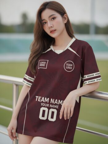 นางแบบใส่เสื้อกีฬาสีแดงเลือดหมู ลายดาวเรขาคณิต สั่งทำใส่ชื่อ สั่งทำใส่ชื่อทีม