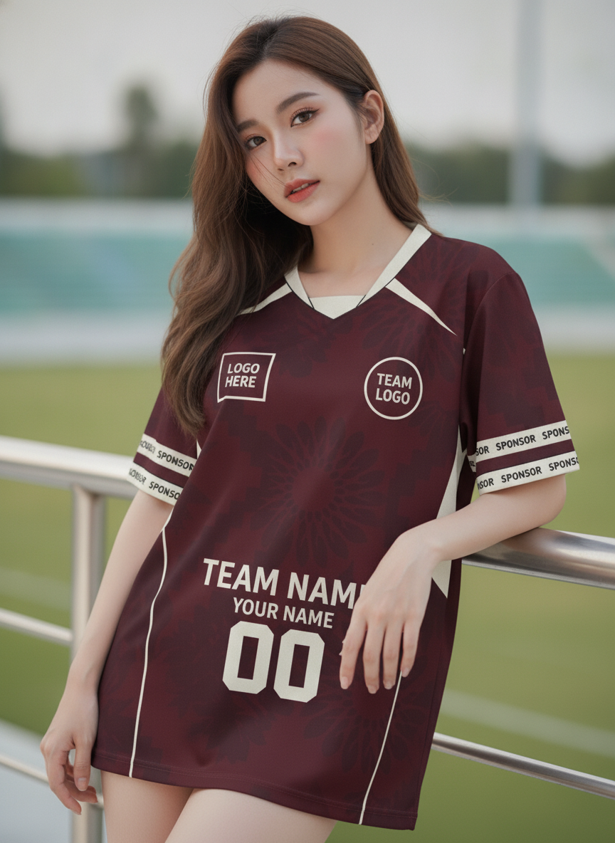 นางแบบใส่เสื้อกีฬาสีแดงเลือดหมู ลายดาวเรขาคณิต สั่งทำใส่ชื่อ สั่งทำใส่ชื่อทีม