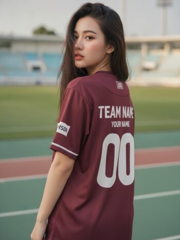 เสื้อกีฬาสีแดงเลือดหมู ลายใบไม้สไปก์ ครีม สั่งทำ ด้านหลัง