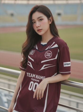 นางแบบใส่เสื้อกีฬาสีแดงเลือดหมู ลายใบไม้สไปก์ ครีม สั่งทำ สั่งทำใส่ชื่อทีม