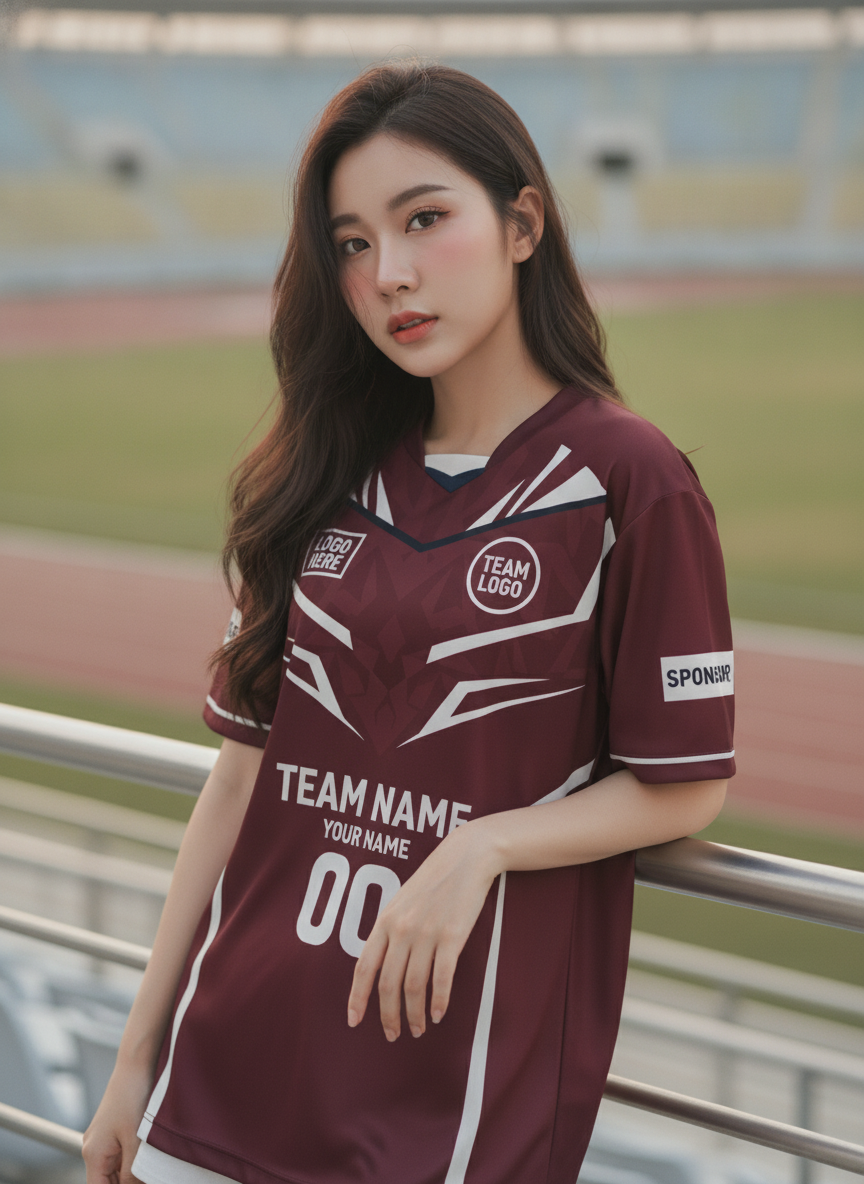 นางแบบใส่เสื้อกีฬาสีแดงเลือดหมู ลายใบไม้สไปก์ ครีม สั่งทำ สั่งทำใส่ชื่อทีม