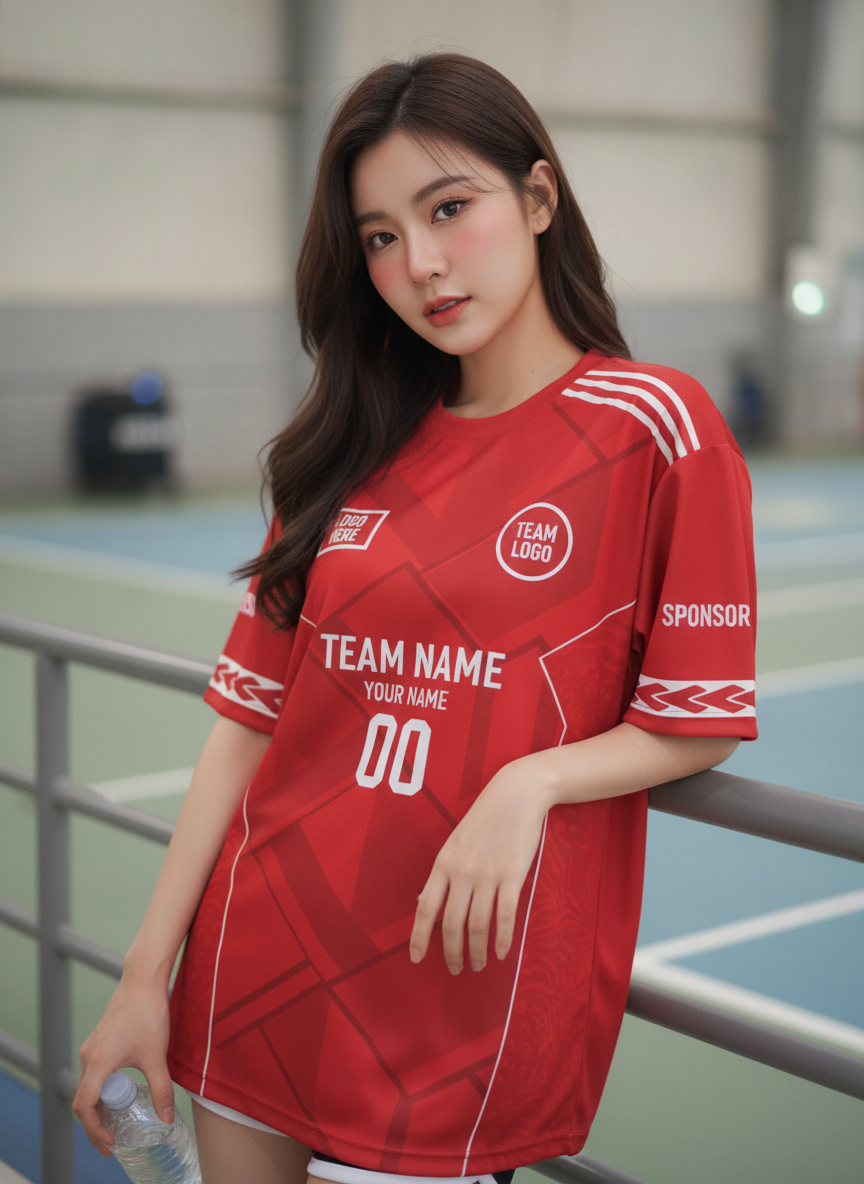 เสื้อกีฬาสีแดง ลายบล็อกเรขาคณิต 3D ขาว สั่งทำ มุมที่ 2 เสื้อกีฬาสีแดง ลายบล็อกเรขาคณิต 3D ขาว สั่งทำ มุมที่ 2