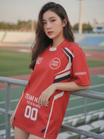 นางแบบใส่เสื้อกีฬาสีแดงเลือดหมู ลายต้นสนสไปก์ ครีม สั่งทำ สั่งทำใส่ชื่อทีม