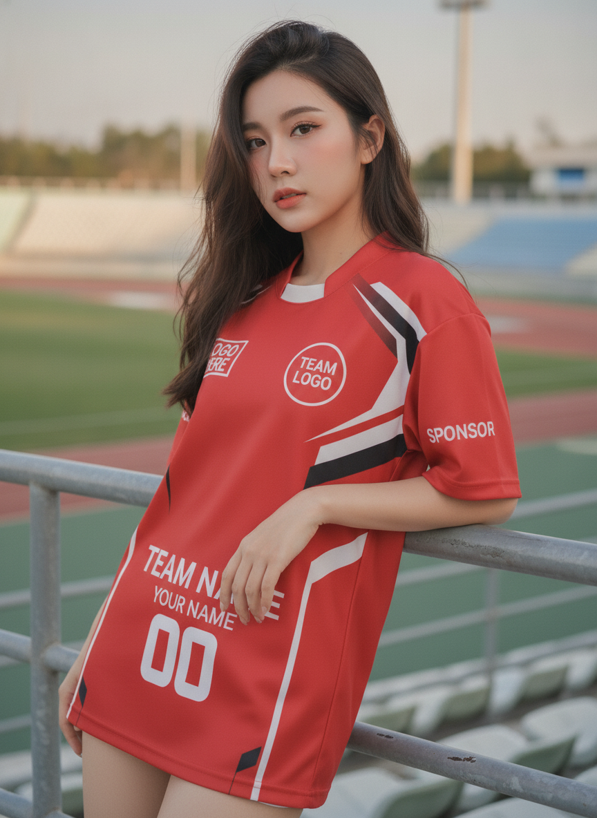 นางแบบใส่เสื้อกีฬาสีแดงเลือดหมู ลายต้นสนสไปก์ ครีม สั่งทำ สั่งทำใส่ชื่อทีม