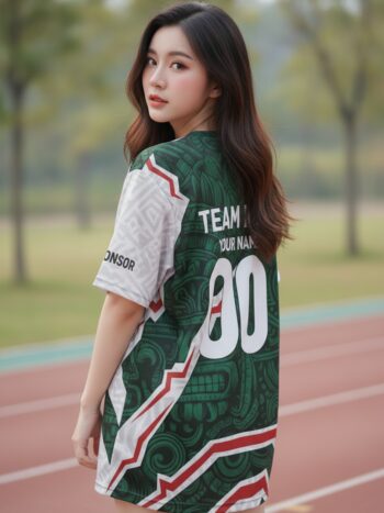 ด้านหลังเสื้อวิ่งทีมลายแอซเท็ก โทนเขียว-แดง-ขาว พื้นที่ใส่ชื่อทีมและเบอร์