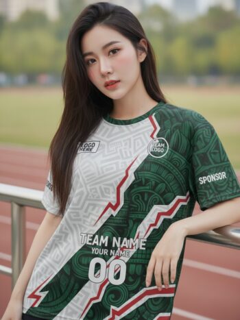 นางแบบใส่เสื้อวิ่งทีมลายแอซเท็ก โทนเขียว-แดง-ขาว ด้านหน้ามีโลโก้ทีมและเบอร์