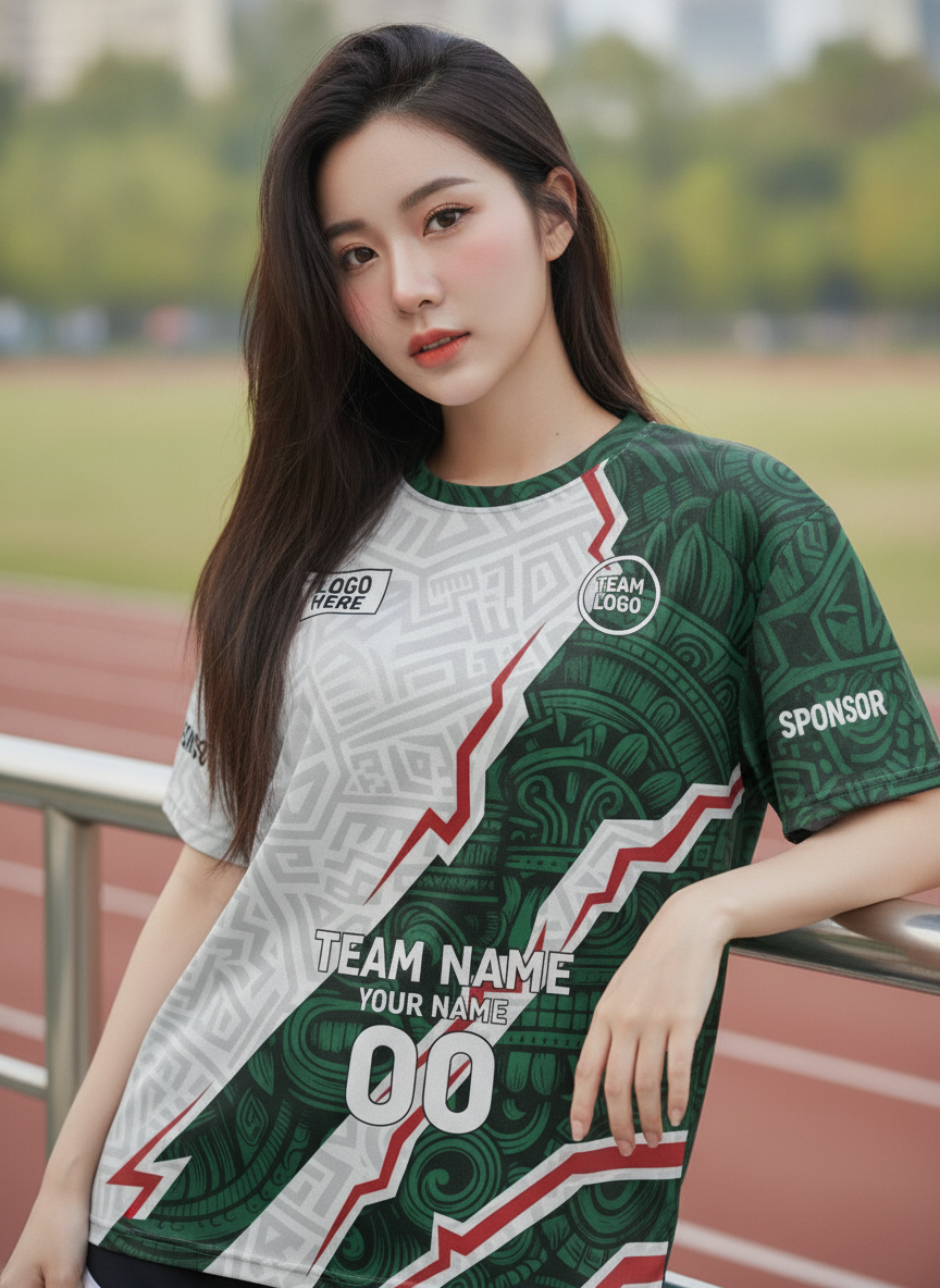 นางแบบใส่เสื้อวิ่งทีมลายแอซเท็ก โทนเขียว-แดง-ขาว ด้านหน้ามีโลโก้ทีมและเบอร์